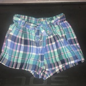 Plaid Rayon Belted Shorts